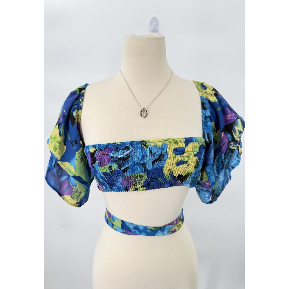 WOW Couture Top Womens S Blue Multicolor Floral Puff Sleeve Crop Tie Summer